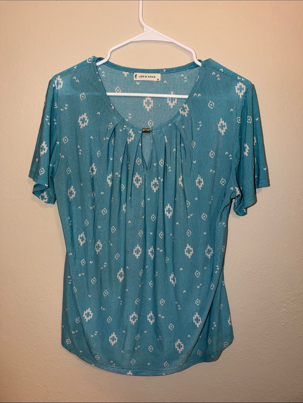 Jon & Anna Teal Short Sleeve Pleated Front Blouse with Geometric Print